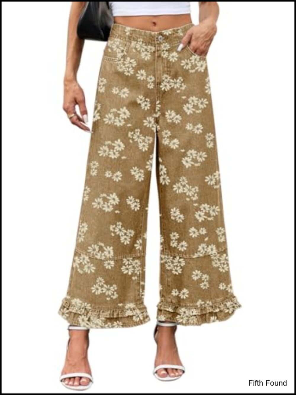 Women's Y2k Crop Wide Leg Jeans Floral Ruffle Hem Ankle Denim Pants